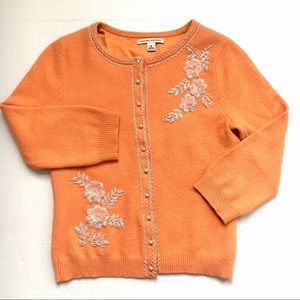 Angora/Silk Beaded Floral Orange ‘50s Style Cardigan Sweater M